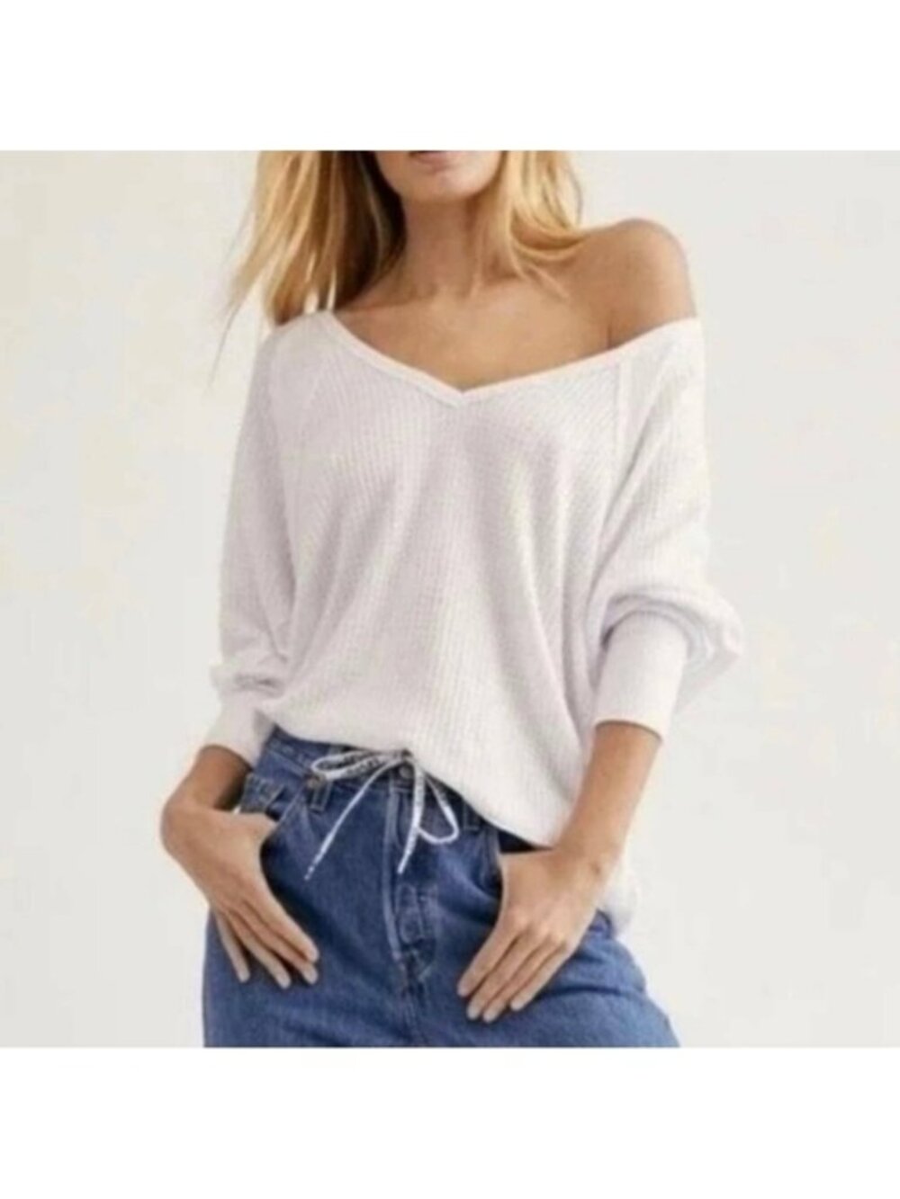 Free People Santa Clara Thermal Waffle Knit Top New Small Ivory Women's Relaxed